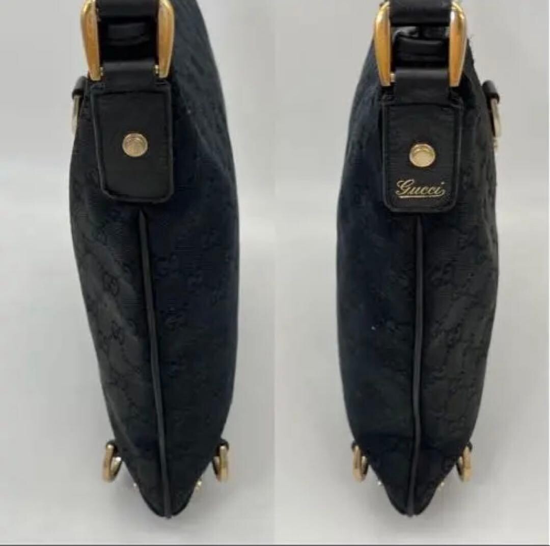 GUCCI GG Canvas Flat Shoulder Bag Black Leather Crossbody Messenger 131326 Purse