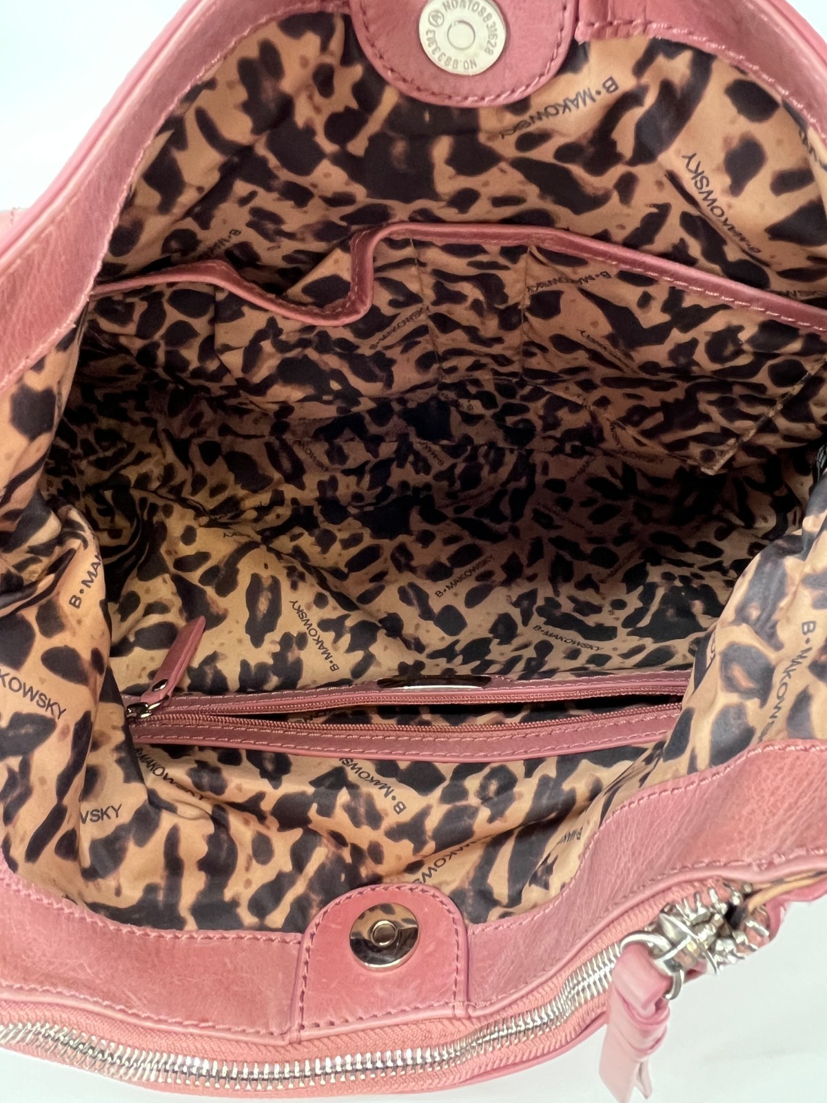 Vintage B. Makowsky Hobo Bag Pink Leather Braided Strap Zip Top Leopard Lined
