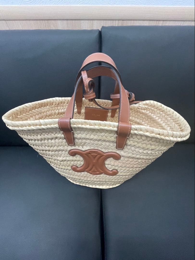 CELINE Teen Triomphe Pannier Raffia Calfskin Bag Light Beige Authentic