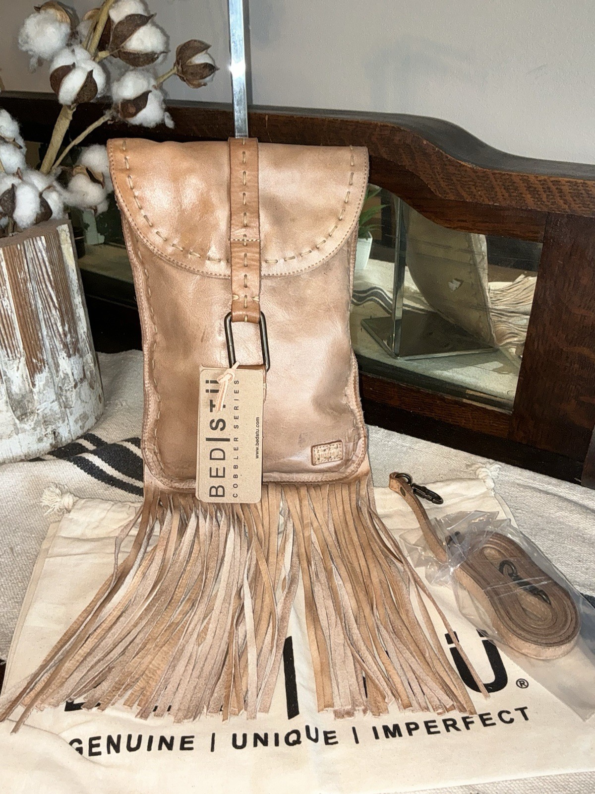 NWT Bed Stu Leather SANDY LANE II Oats Dip Dyed Fringe Crossbody Bag MSRP $165