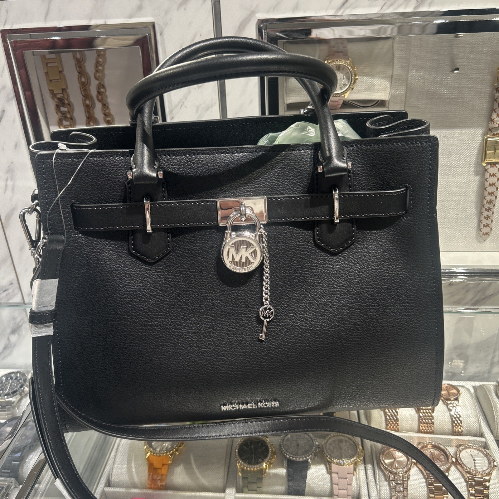 Michael Kors Hamilton Medium Crossbody Satchel Handbag Leather Bag (Black)