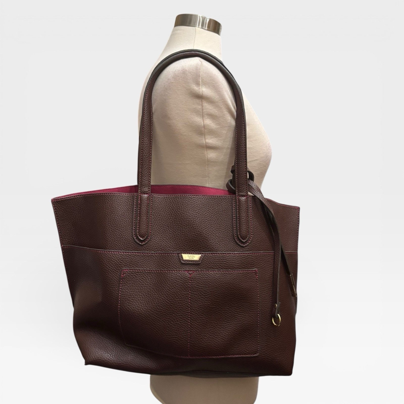 Tutilo Maroon Pebbled Leather Tote Bag Shoulder Lightweight Pink Lined Workwear