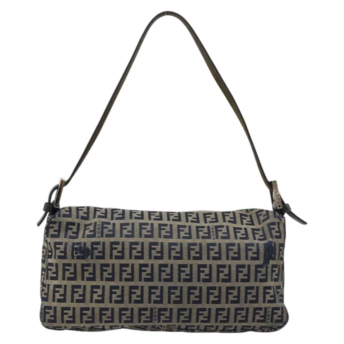 FENDI Zucchino Canvas Mamma Baguette Shoulder Bag Navy Silver Auth bs34528