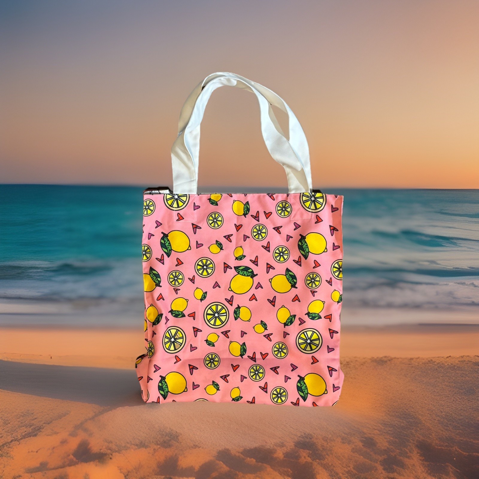 Romero Britto Limited Edition Pink Yellow Citrus Lemon Reversible Tote Beach Bag