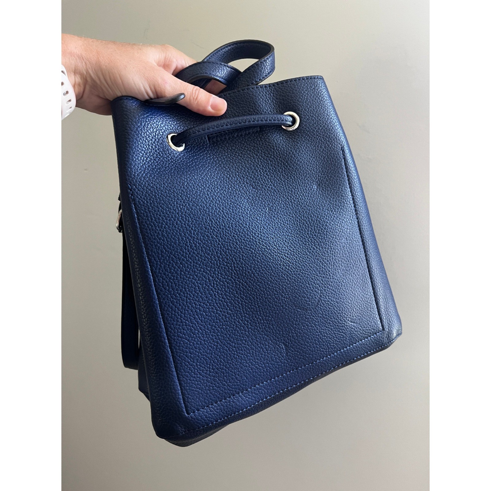 Calvin Klein Leather Bucket Bag Navy Blue Drawstring Everyday Chic Office Modern