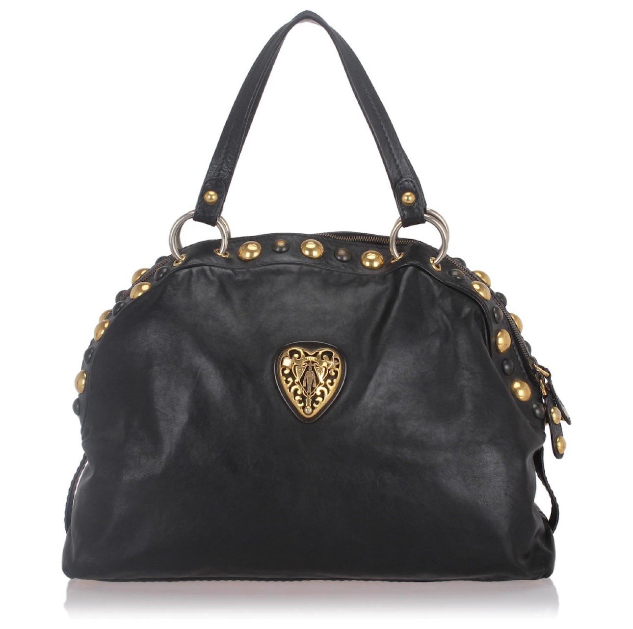 RARE GUCCI BLACK CALF LEATHER BABOUSKA DOME HEART CREST BAG SATCHEL BAG – LARGE