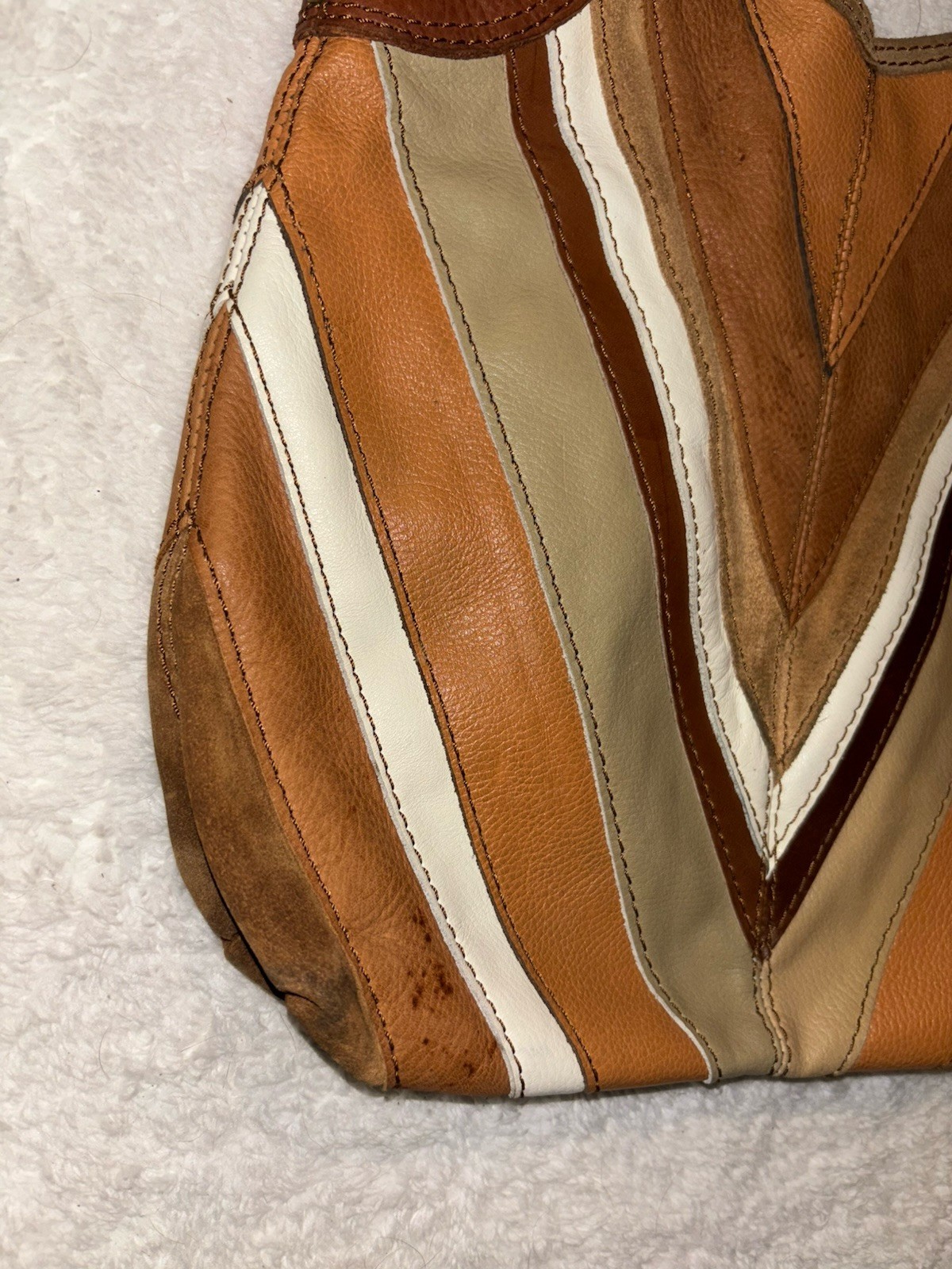 Vtg Lucky Brand Patchwork Leather Tan Brown Chevron Striped Shoulder Bag Hippie