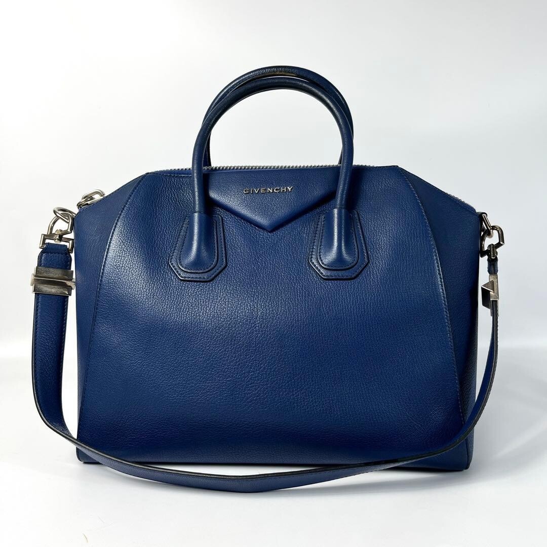 GIVENCHY Antigona Blue Leather 2Way Shoulder Handbag Large Auth