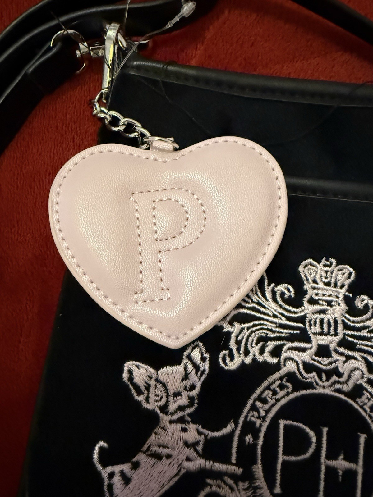 Paris Hilton Crossbody Bag + Pink Heart Charm, Black Velvet, Dogs Logo- NEW