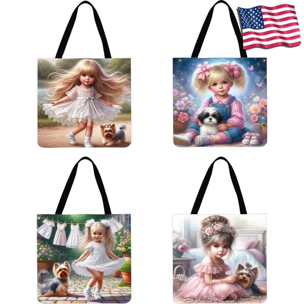 4pcs Girl and Dog Linen Tote Bag Handbag Large Women Shopping Shoulder Bags