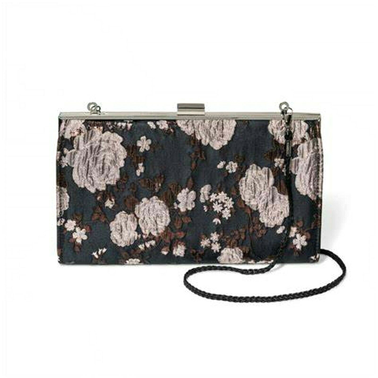 Estee & Lilly Clutch Purse Rose Tapestry Metallic Leaves, Crossbody Strap Black