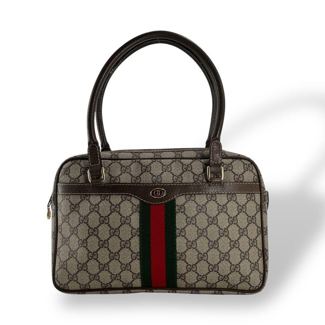 Gucci Mini Boston GG Supreme Web Stripe Handbag Beige Brown Auth