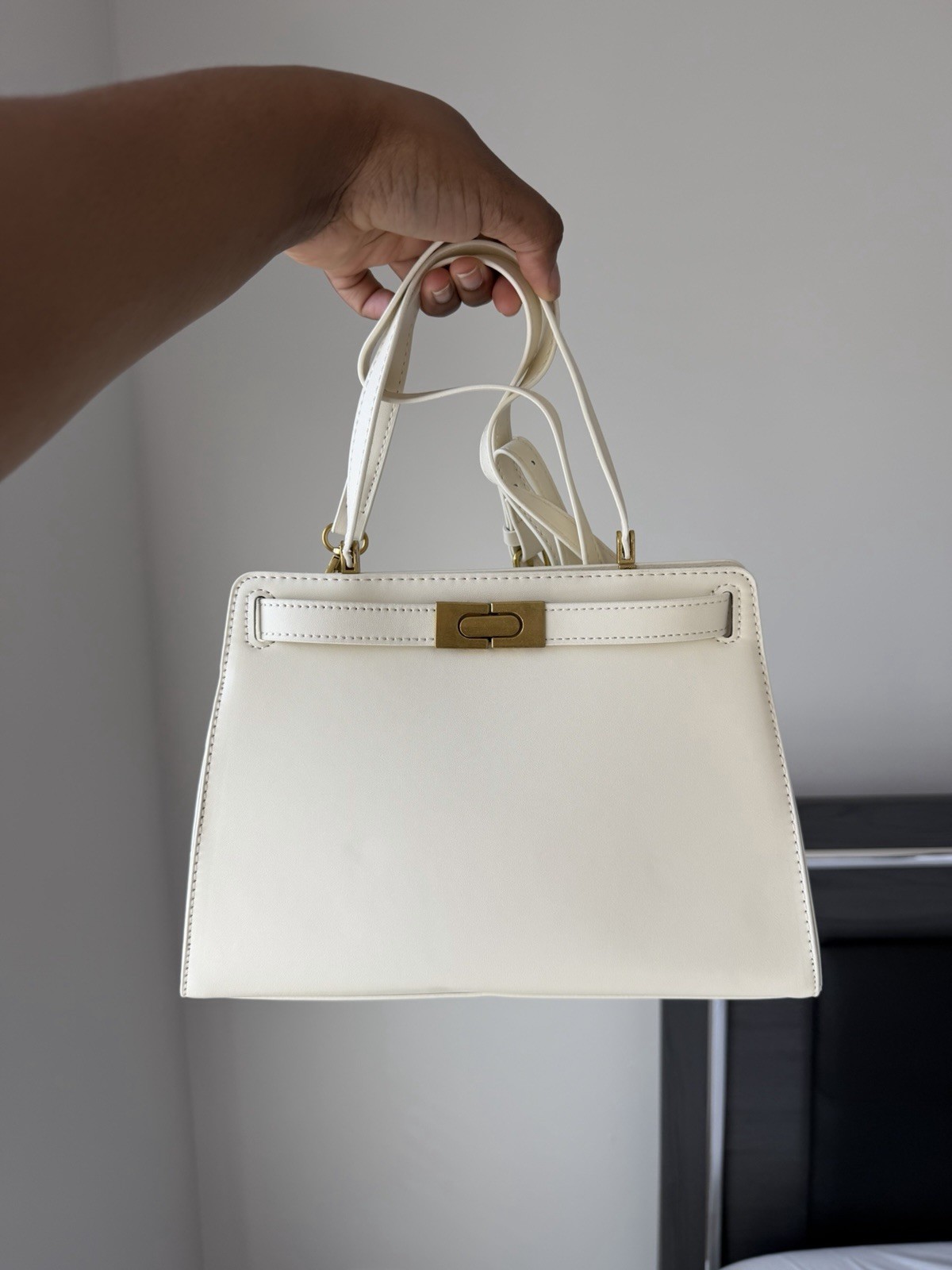 Ivory Top Handle Bag Gold Clasp Detachable Strap Women’s Structured Handbag
