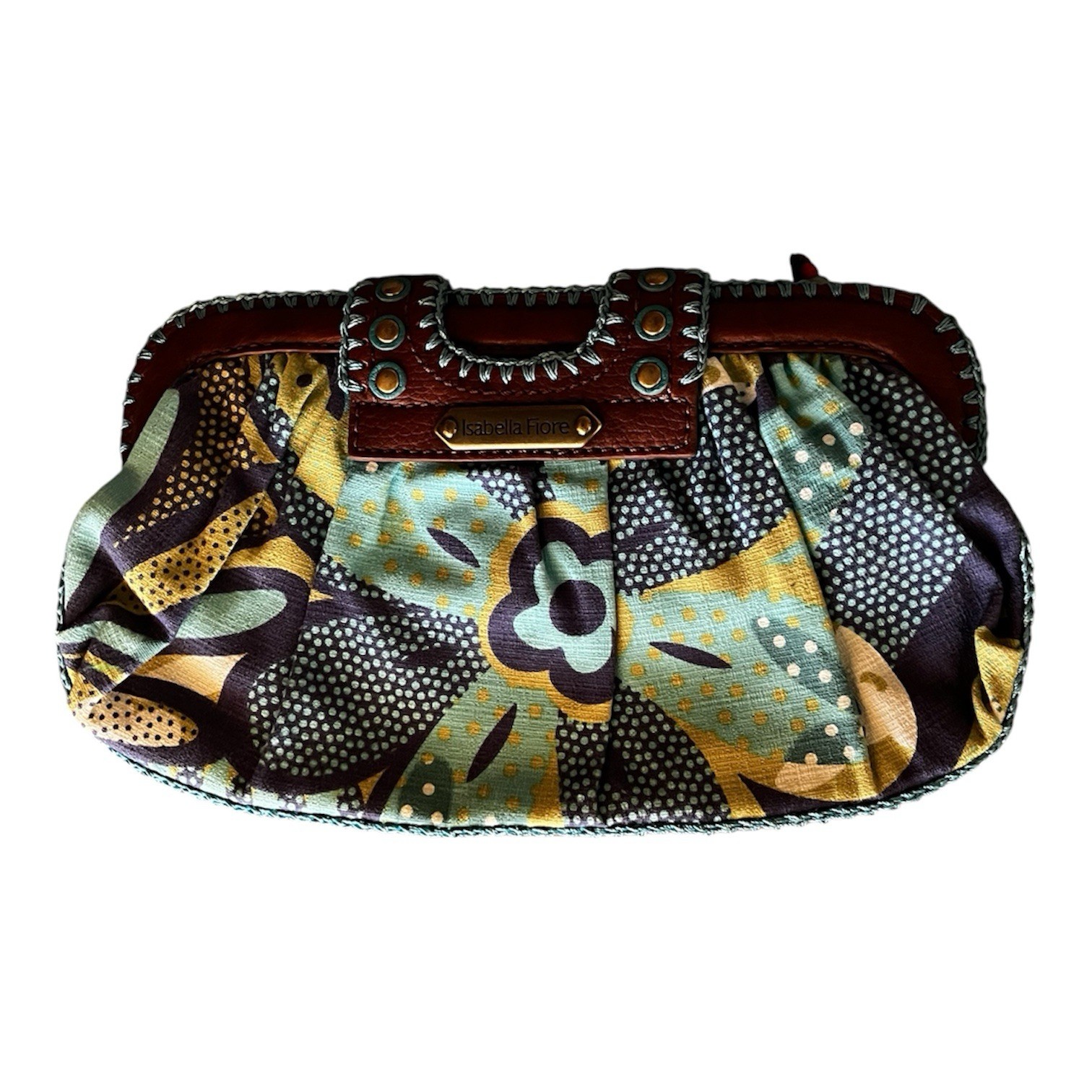 Isabella Fiore Embellished Brown Leather & Multicolor Beaded Women’s Clutch