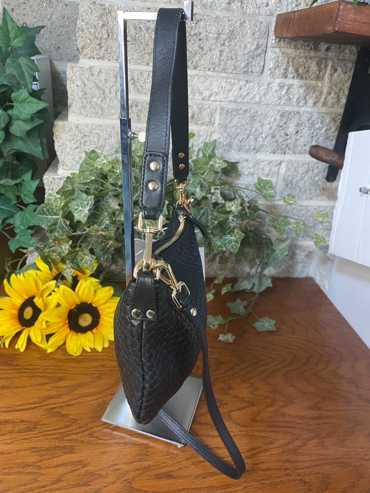 NWT QUINCE ITALIAN LEATHER MINI HANDWOVEN CRESCENT CROSSBODY BAG BLACK MSRP $120