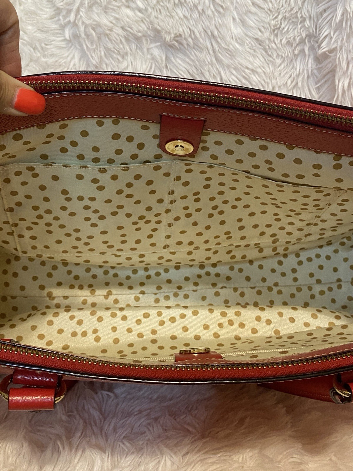 kate spade new york Red Satchel/Top Handle Bag Zip Top Polka Dot Lining Dust