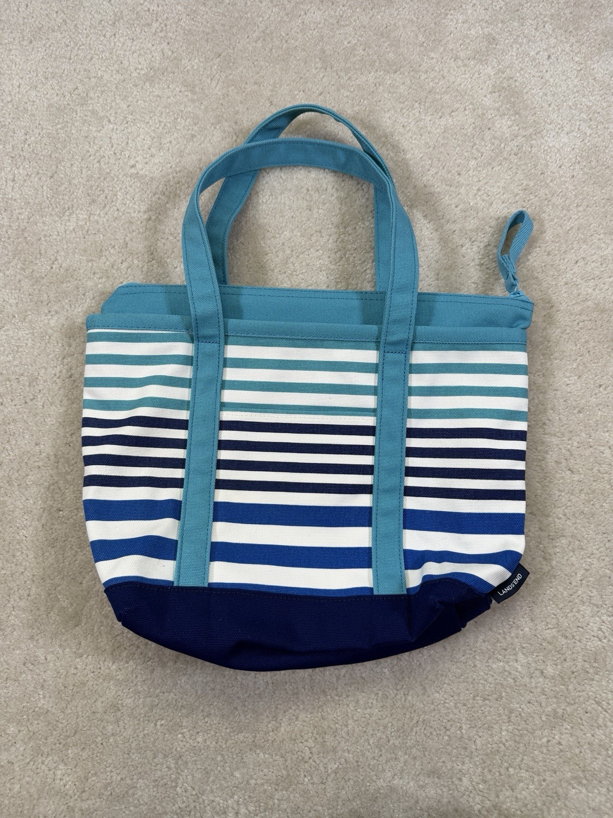 Lands End Canvas Boat Tote Zip Top Small Bag Blue Striped Print Purse