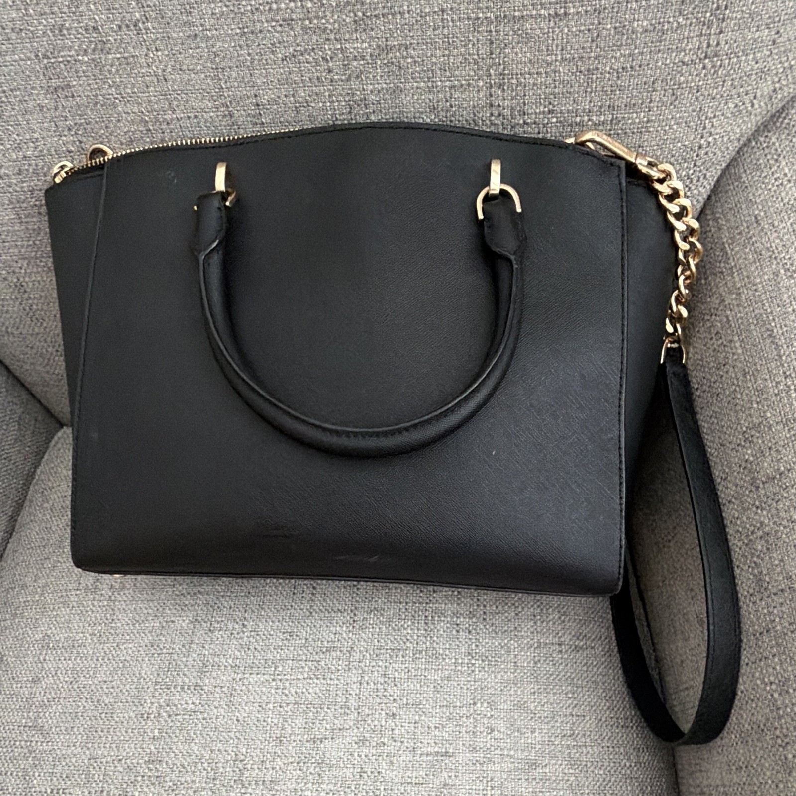 Michael Kors Black Medium Satchel Top Handle Bag w/ Detachable Strap Gold Zip