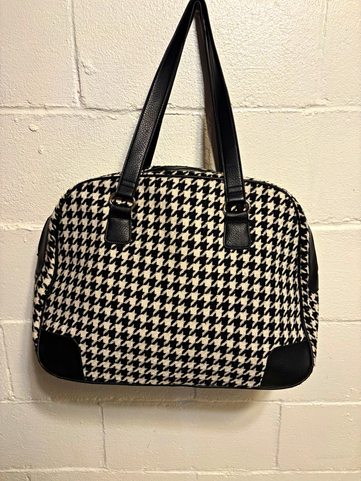 Women’s Black & White Houndstooth Satchel Top Handle Zip, Lined Silver