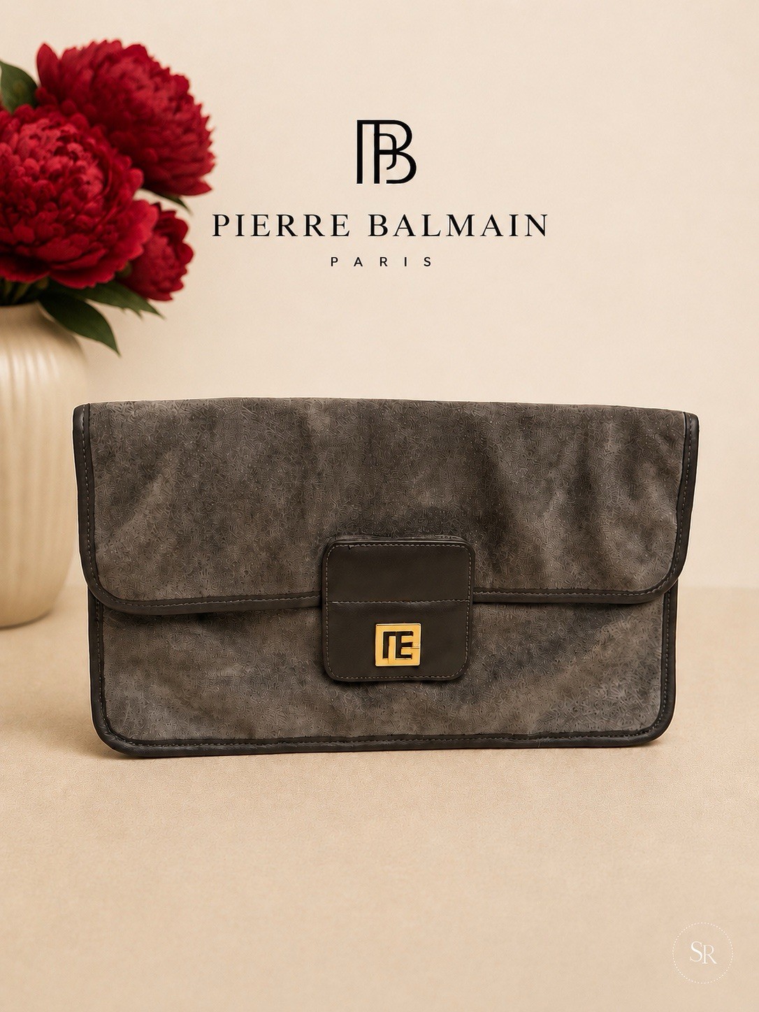 VTG Pierre Balmain Gray Suede Leather Clutch Bag Gold Logo Hardware France 1970s