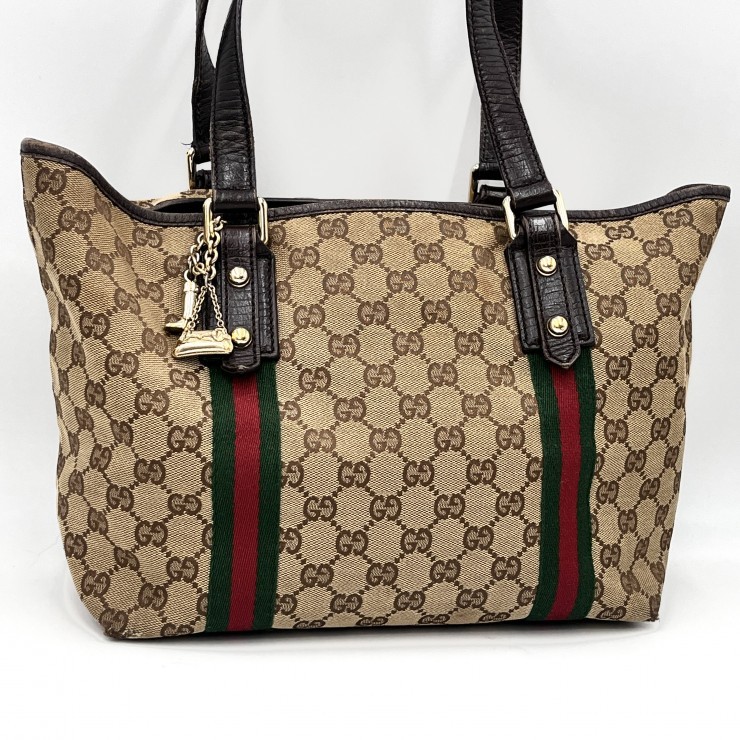 Gucci GG Canvas Web Stripe Tote Bag Beige Brown Charm