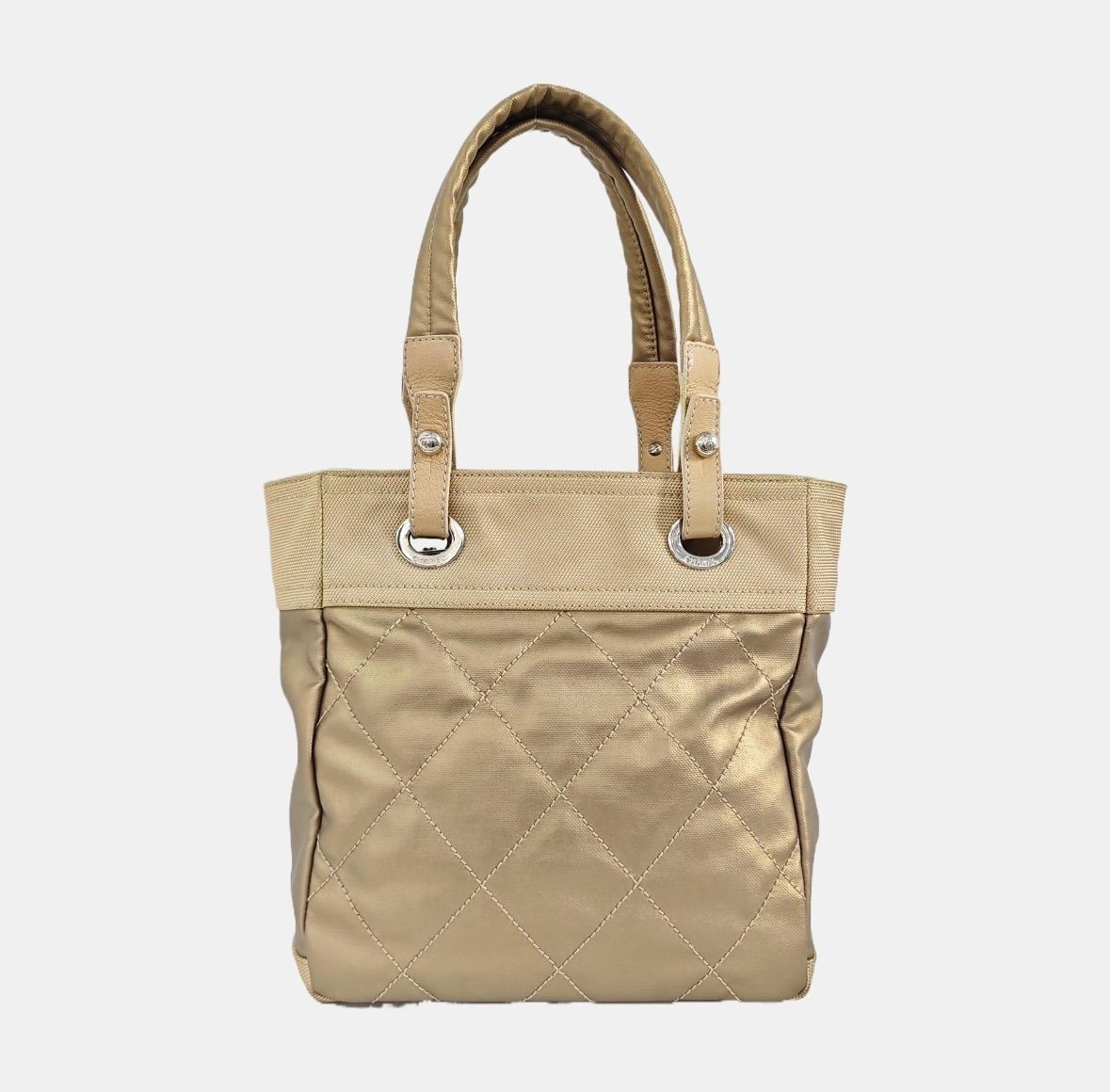 AUTH Chanel Tote Bag Beige Leather Silver Hardware Top Handle Handbag Tote 24cm
