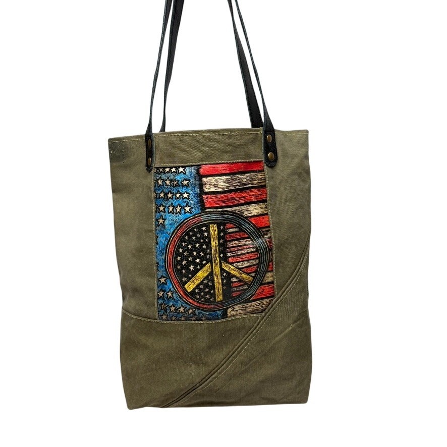 NWT Vintage Addiction Upcycled Military Tent Canvas Bag Leather Trim