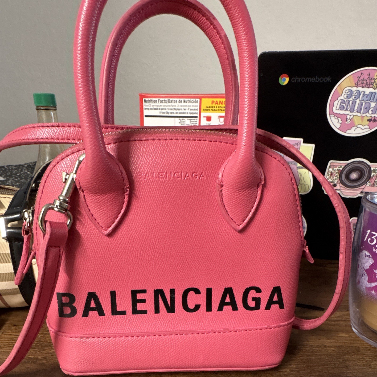 Balenciaga Pink Logo Satchel Top Handle Bag Zip Closure Detachable Strap Silver