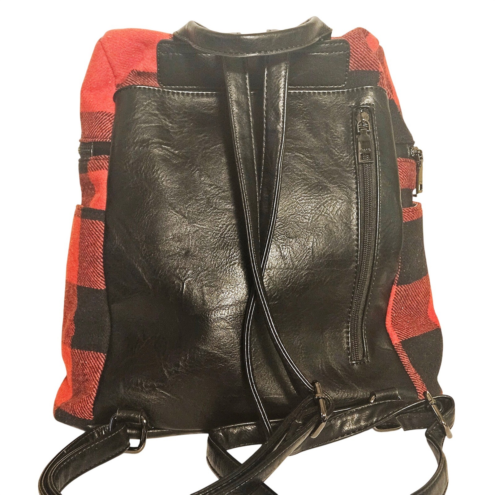 Jen & Co Red Black Buffalo Plaid Backpack Vegan Leather Checkered Travel Bag