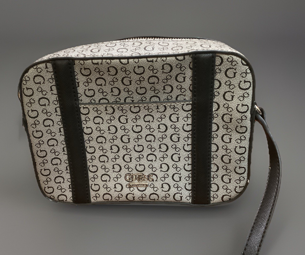 Guess Crossbody Purse Bag Logo Monogram Gray Black Shoulder Strap Unisex 8.7×6”