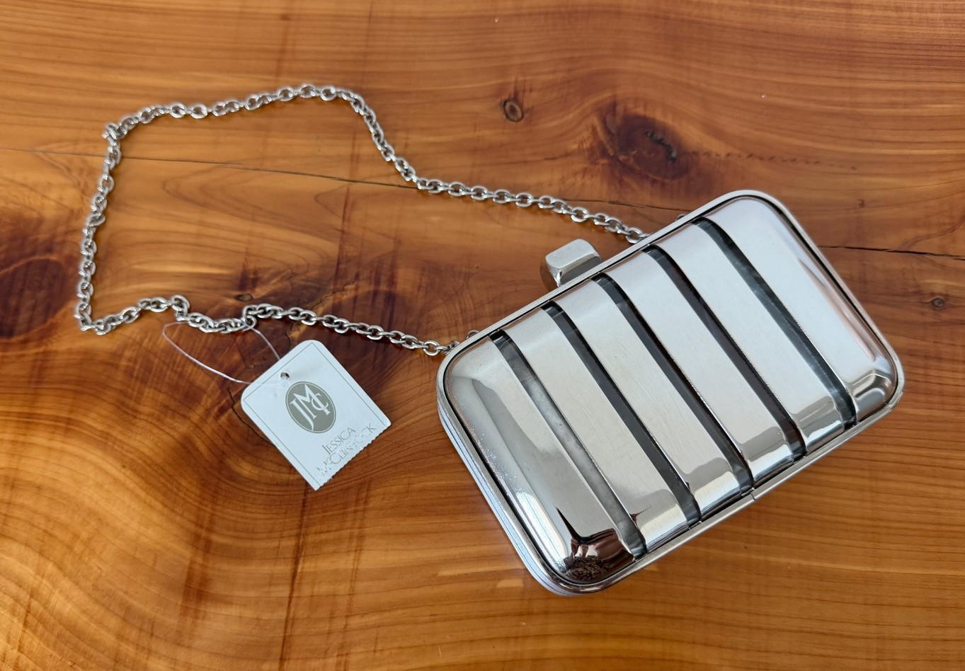 Jessica McClintock Silver Tone Metal Mini Clutch Bag with Chain Strap