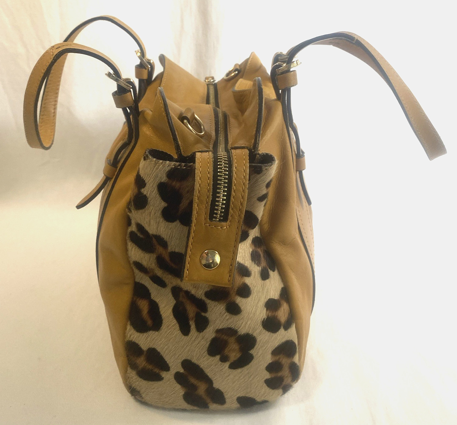 A Bellucci Handbags Leather & Pony Hair Satchel Golden Honey Brown Double Handle