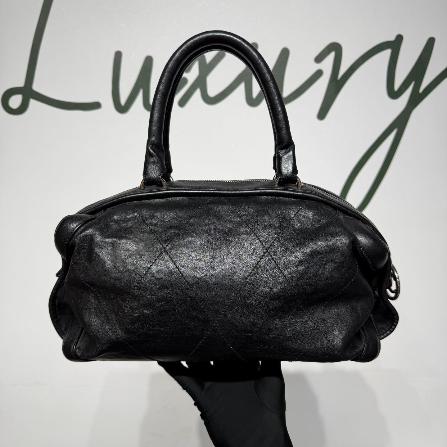 Chanel Diamond Quilted Bowler Handbag Black Calfskin Top Handle Authentic