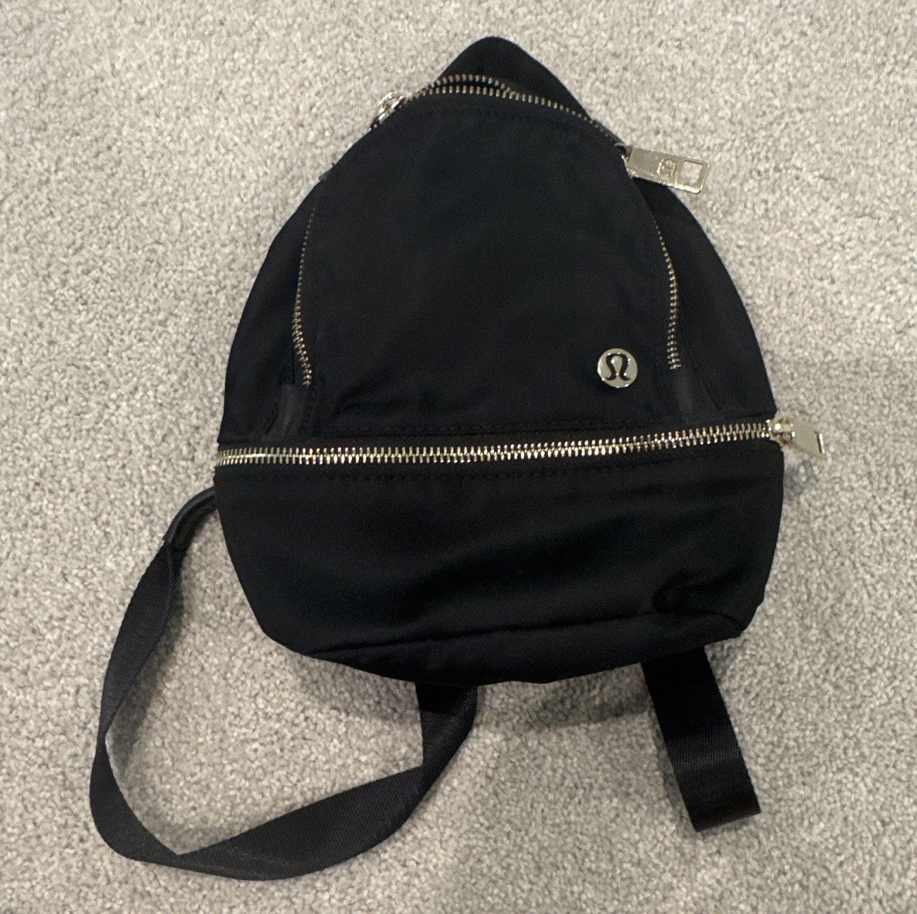 Lululemon Black Mini Backpack Zip Closure Zipper Pockets Logo Silver Hardware