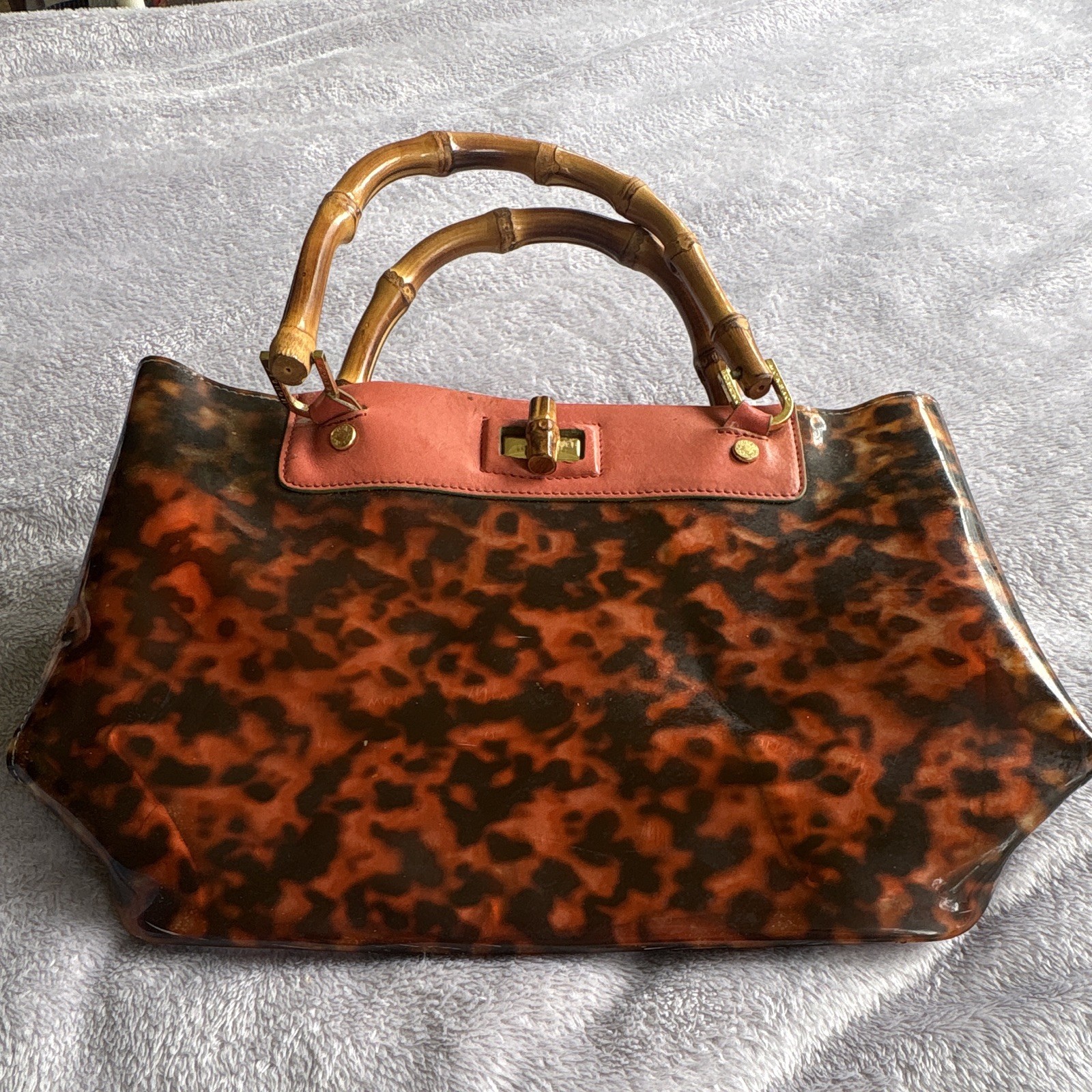 Rare Vintage Monsac Satchel Top Handle Bag Bamboo Double Handles Turn Lock