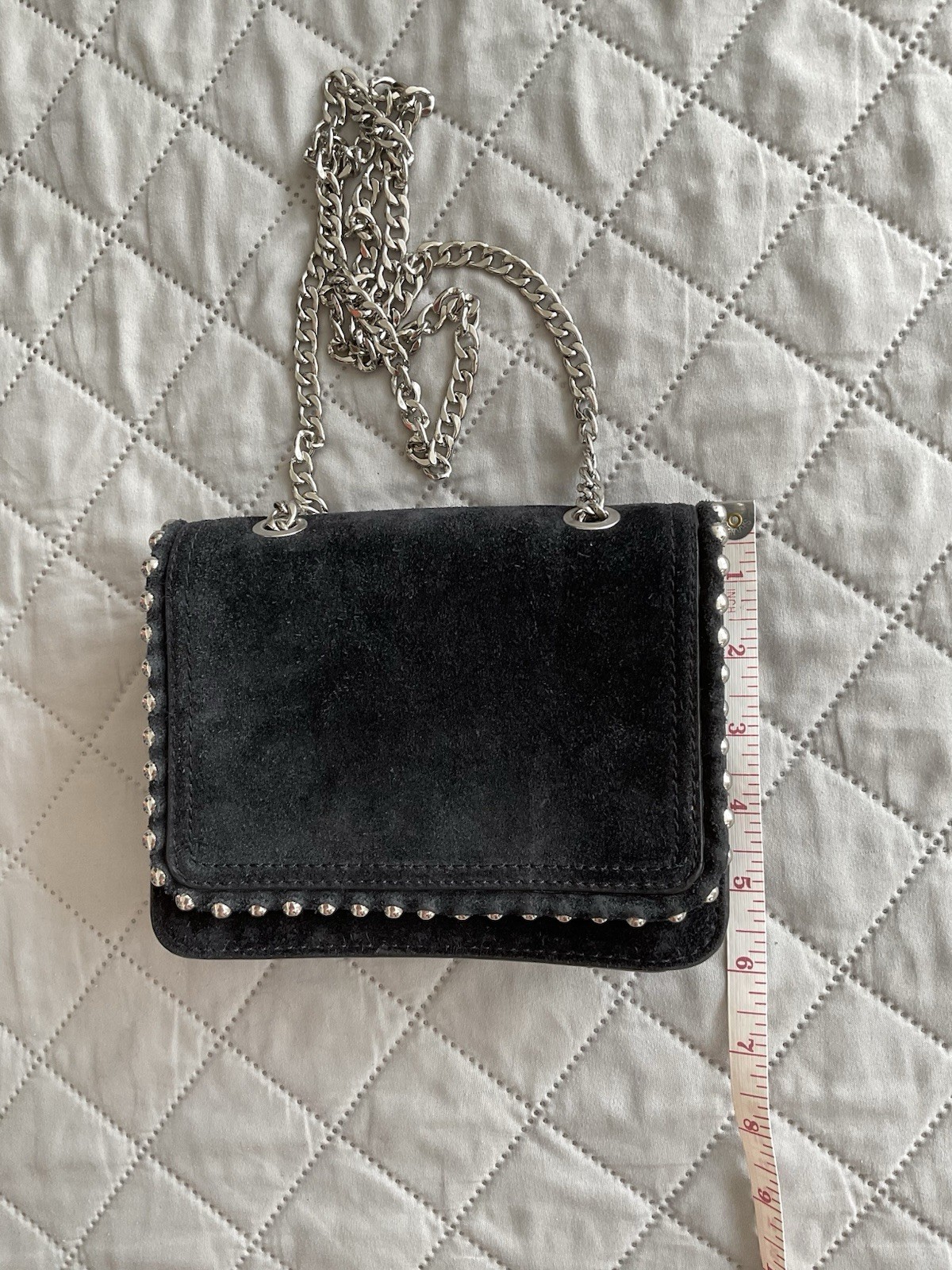 ZARA Dark Blue Suede Studded Crossbody Purse 7 X 5.5 in Silver Chain Strap