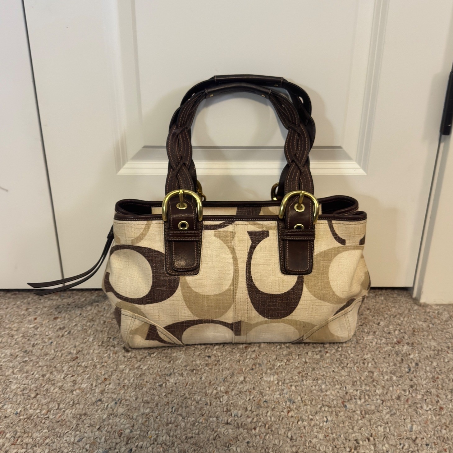 COACH 12195 Y2K Signature Tote Shoulder Bag Purse Cream Brown Leather Braid.