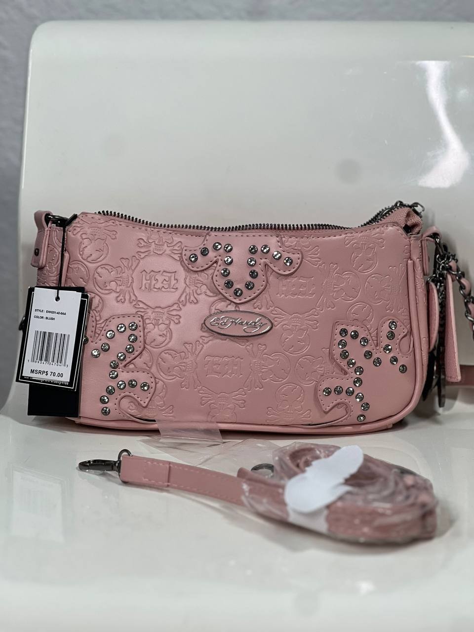 Ed Hardy Skull Embossed Rhinestone Shoulder Bag Blush Pink Small/Medium NWT