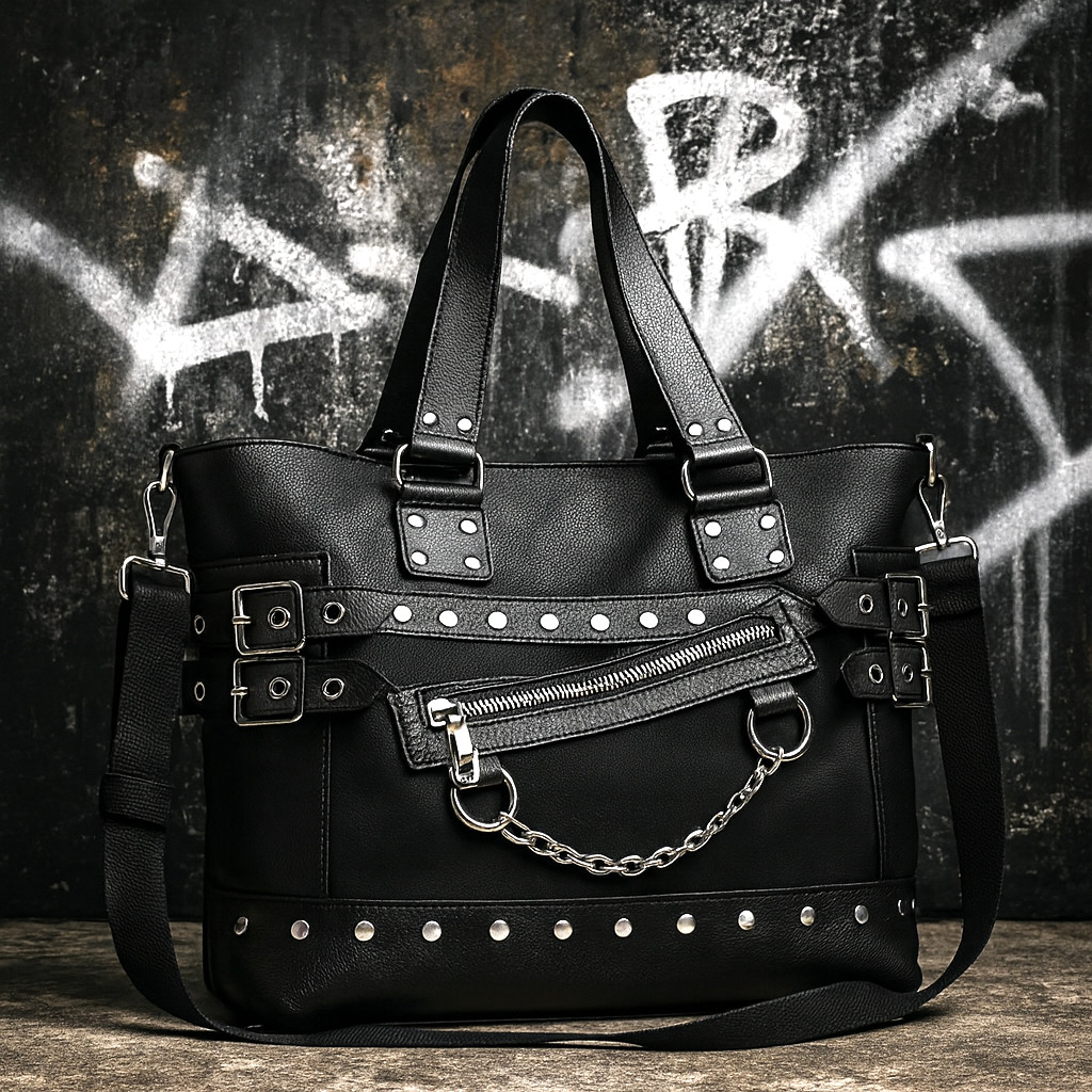 Black Gothic Punk Tote Bag Chains Studs Crossbody Handbag for Women Y2K Large