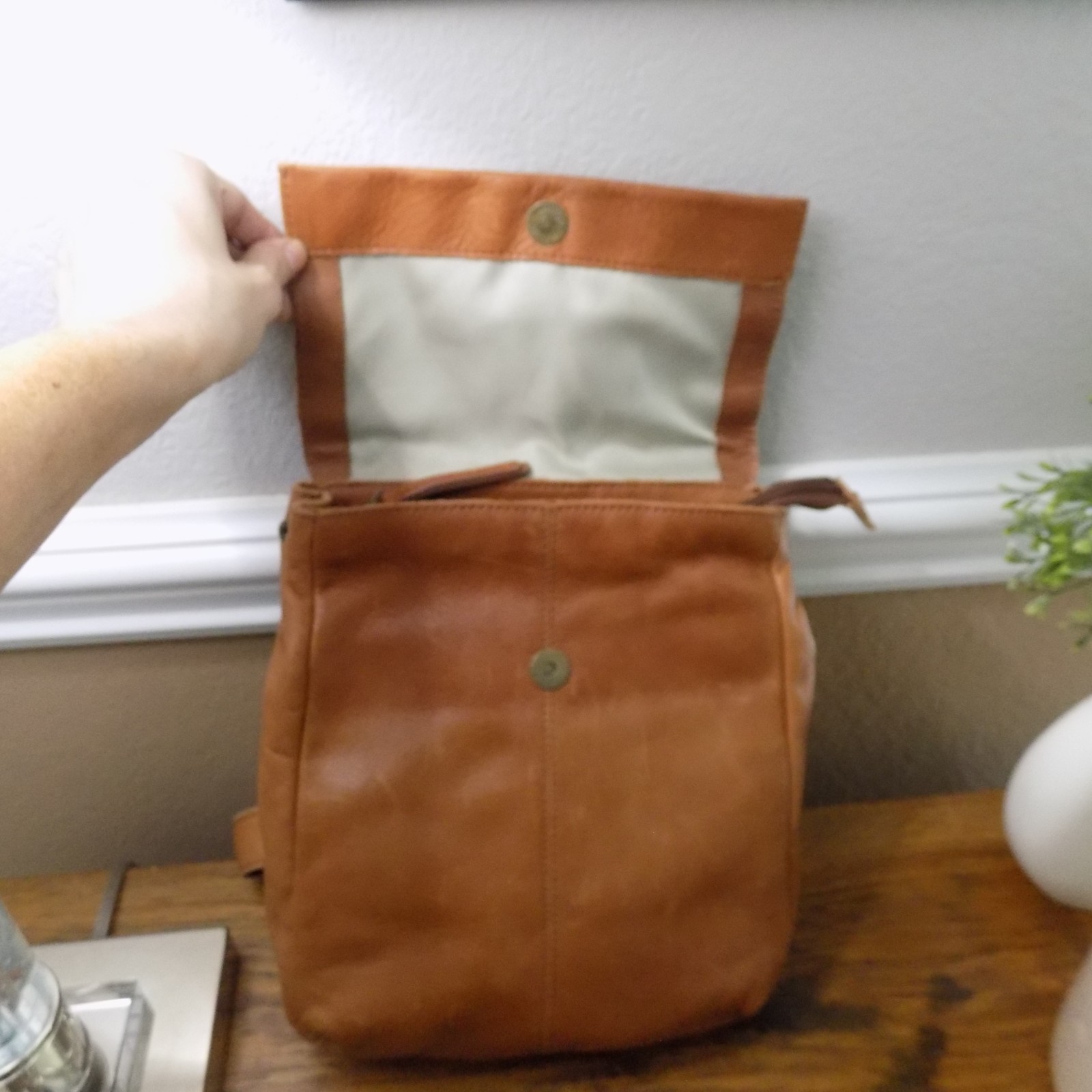 American Leather Co. Brown Backpack Magnetic Closure, Stitching, Beige Lined
