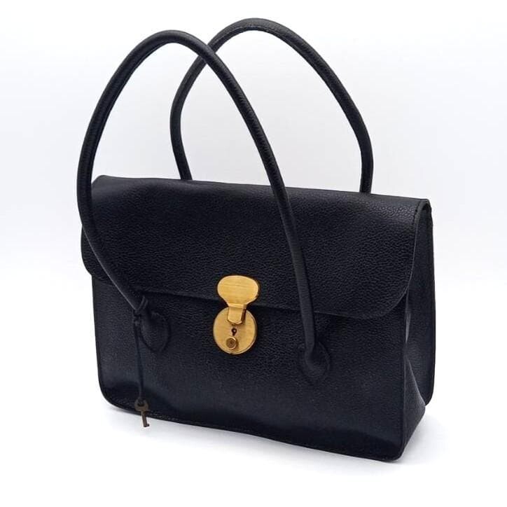 Mulberry Vintage Black Leather Pebbled Tote Bag Gold Turn Lock 11.8in