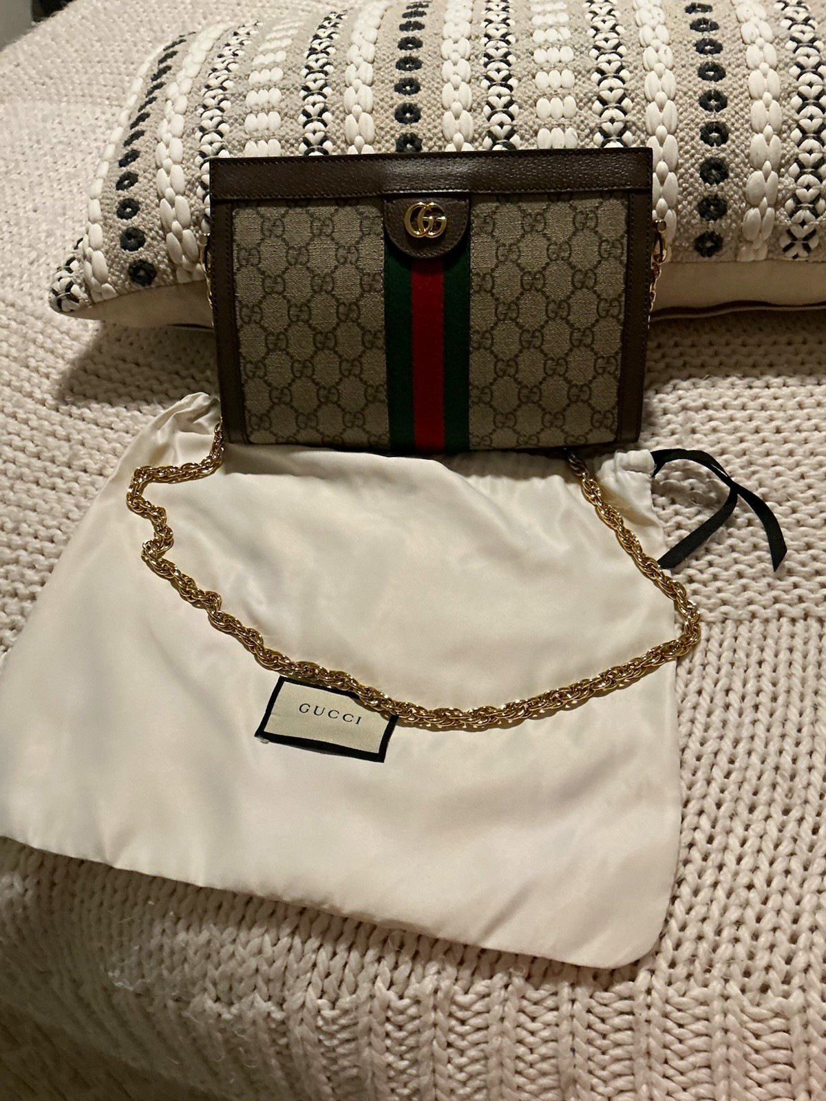 Gucci GG Supreme Web Stripe Chain Shoulder Bag Small Magnetic Dust Bag
