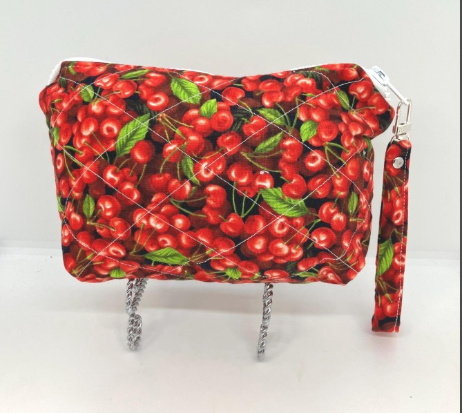 Small zipper wristlet pouch, upcycled sewing accessories, cherry cotton fabric