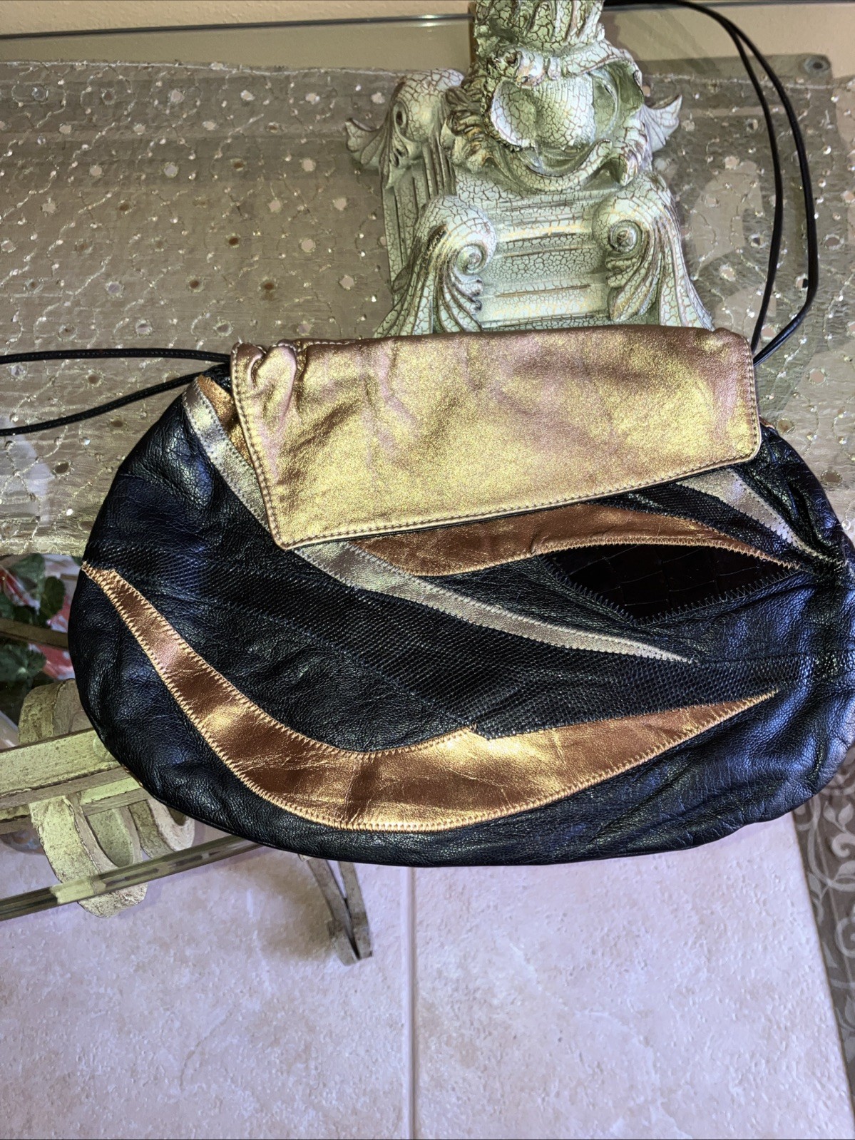 Carlos Falchi Black / Gold/ Leather Drawstring Shoulder Bag 11x 8 Inches Vintage