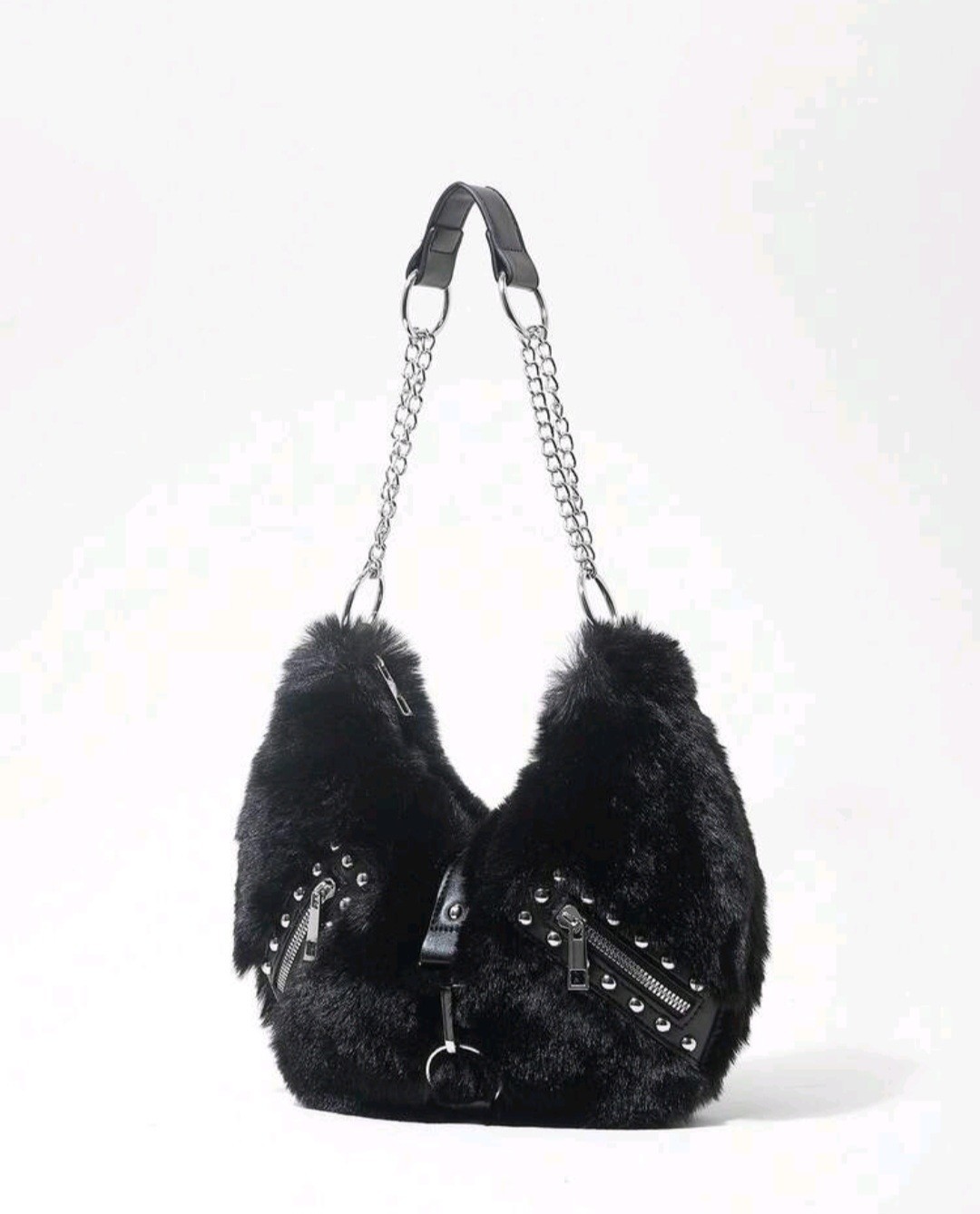 New Fashion Black Faux Fur Chain Purse – Y2K Punk Purse W/Silver Accents