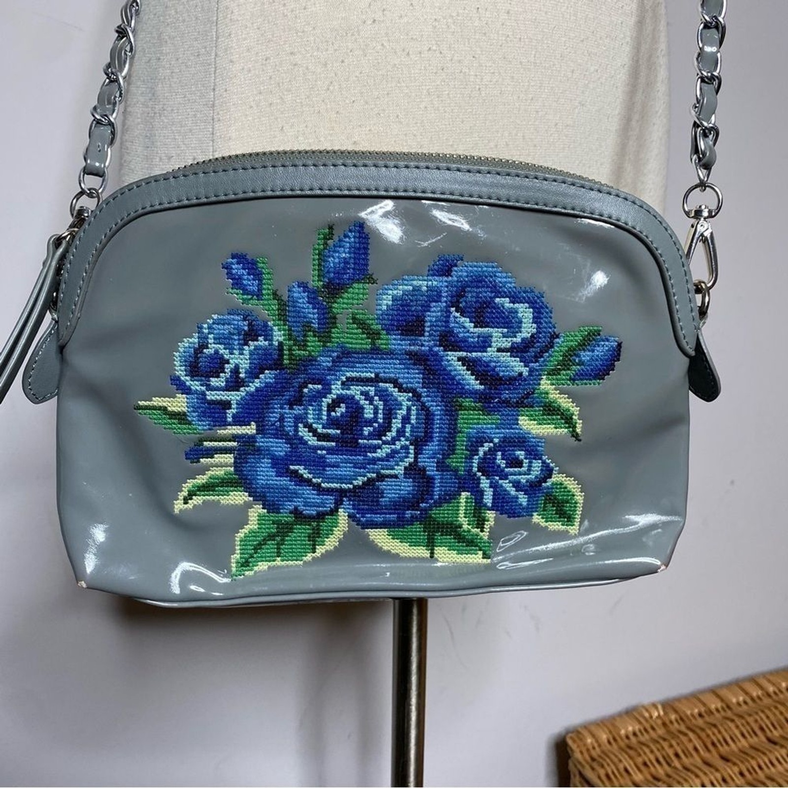 Sharif Patent Leather Gray Blue Embroidered Flower Crossbody Purse