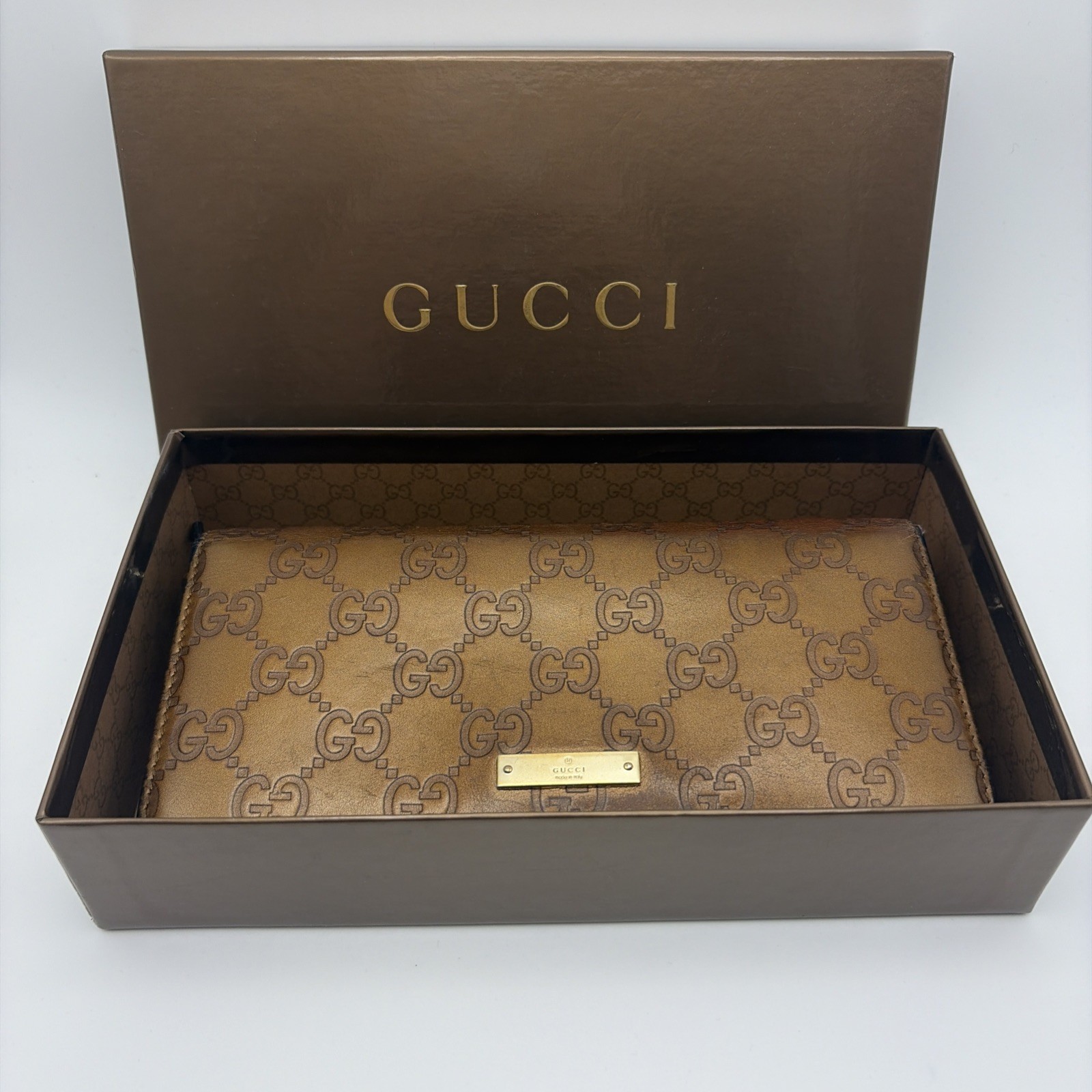 Gucci 170426 light brown leather long wallet and gold chain shoulder bag