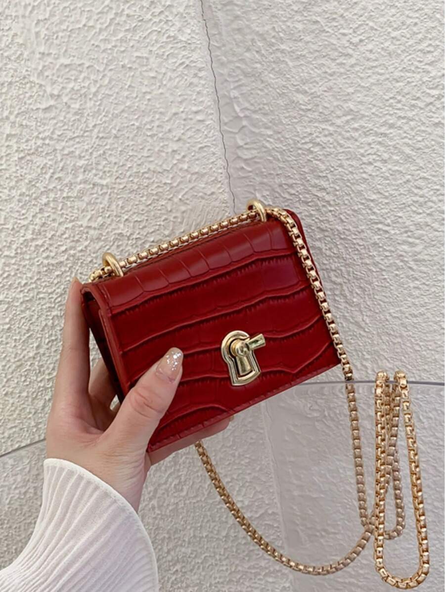 Mini Square Bag Turn Lock Chain Strap Fashionable Shoulder Crossbody Purse