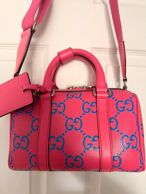 Gucci GG Monogram Boston Mini Hot Pink Embossed Leather Crossbody Handbag