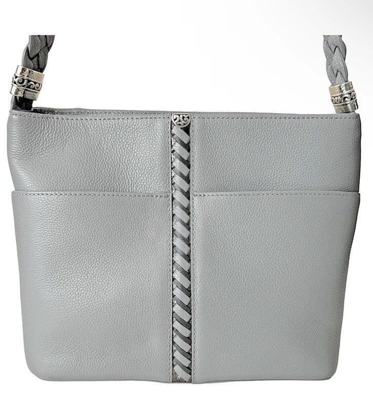 BRIGHTON BARBADOS BEAUMONT DOVE GRAY LEATHER BUCKET SHOULDER BAG $375 Preowned